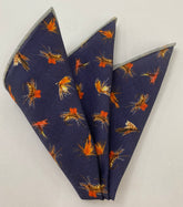 Burnt Orange, Off-White, Brown on Midnight Blue Macclesfield Printed Fishing Lure Wool Pocket Square MCWP-2